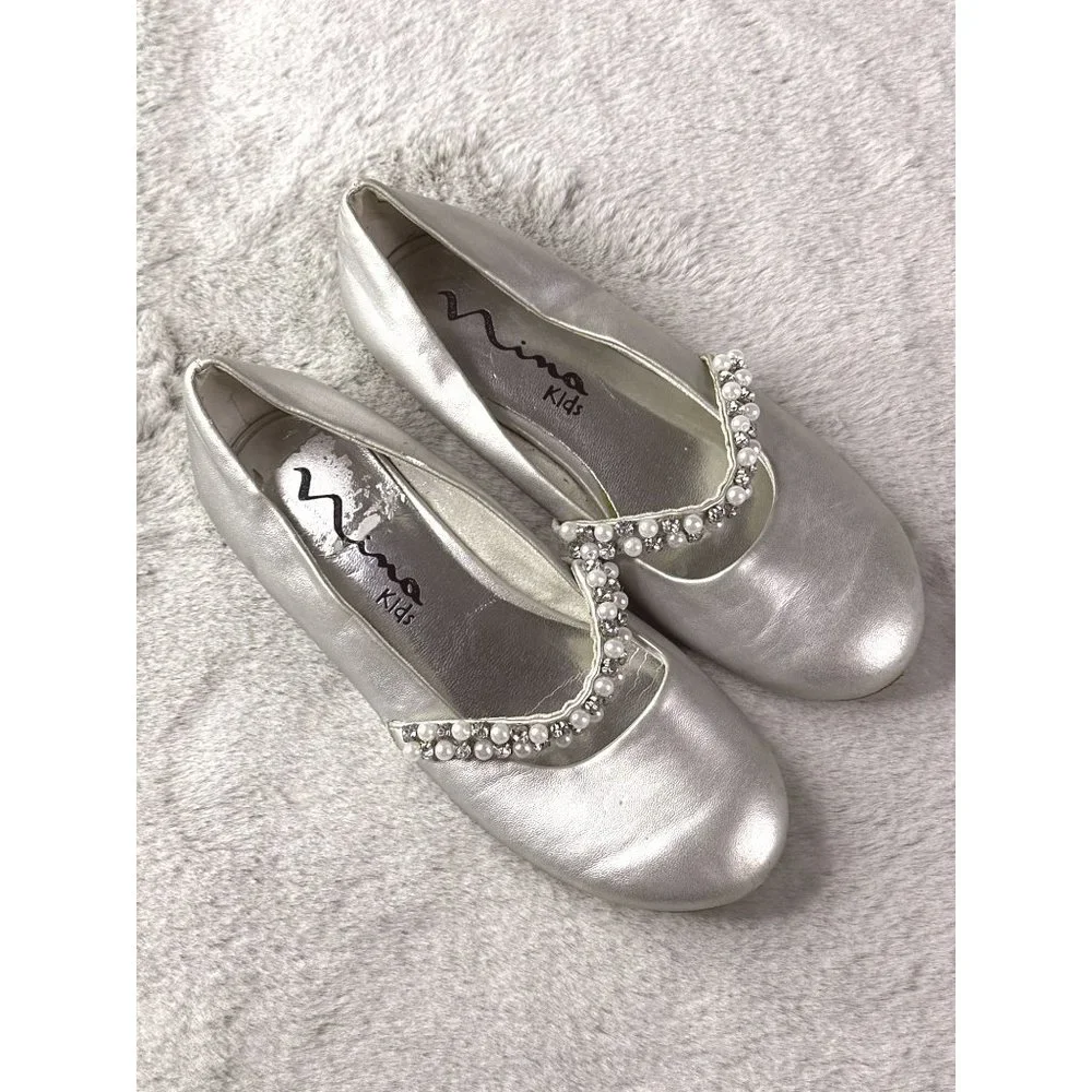 Nina Shoe Girls 2 Nataly Silver Nappa Leather Ballet Flat Dressy Metalic Pearl‎